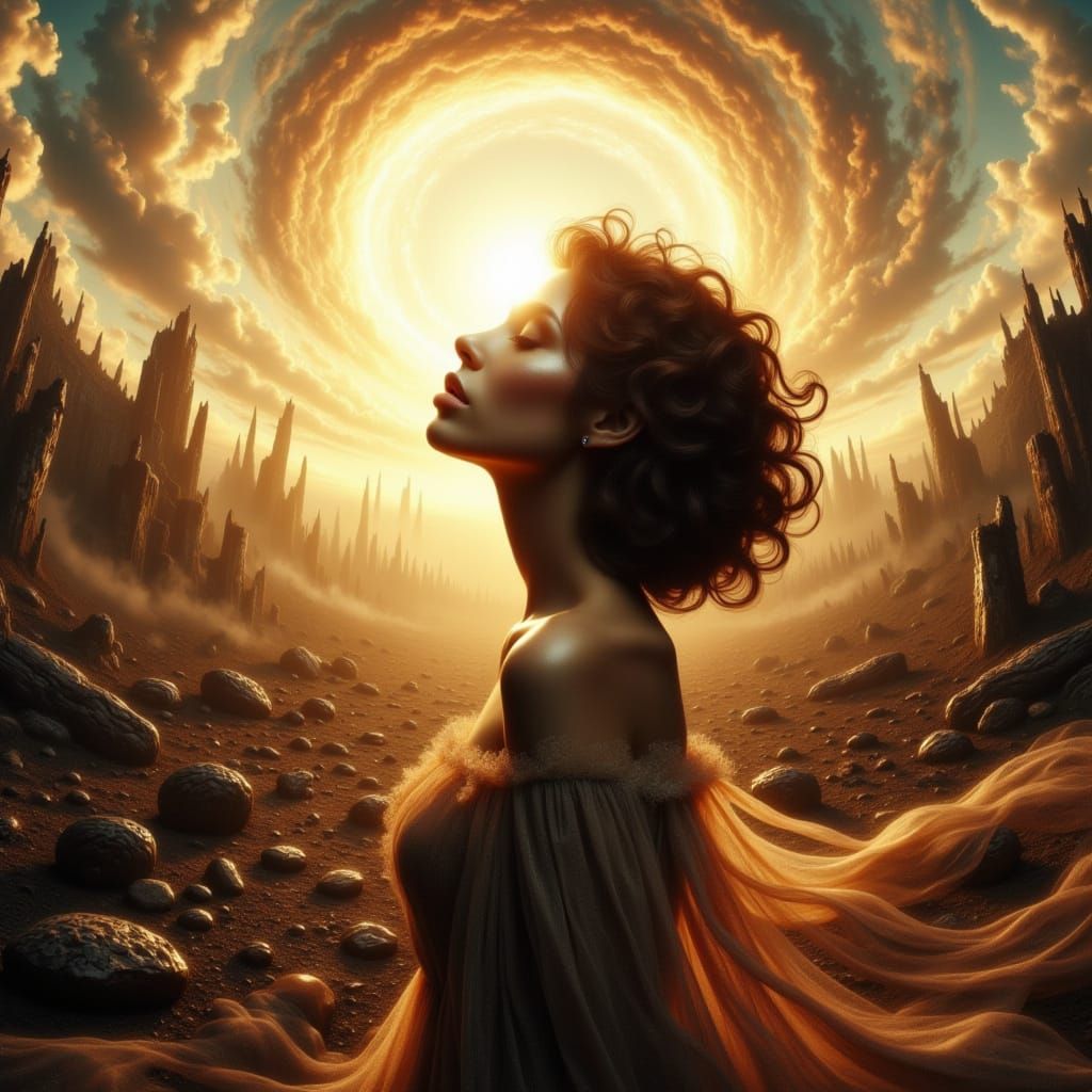 <lora:SparklePortraits:1.0> A woman stands amidst a ravaged, post-apocalyptic landscape, her face bathed in warm, golden sunshine rays that ...