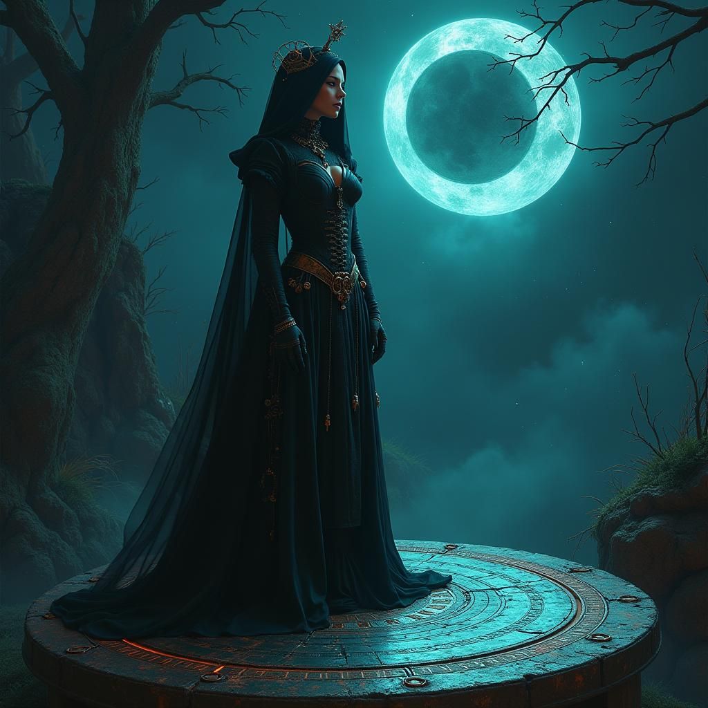 The Starlight Priestess, cloaked in tattered black Gothic steampunk attire, stands on a pulsating ritual disk. Shadows twist around her as t...