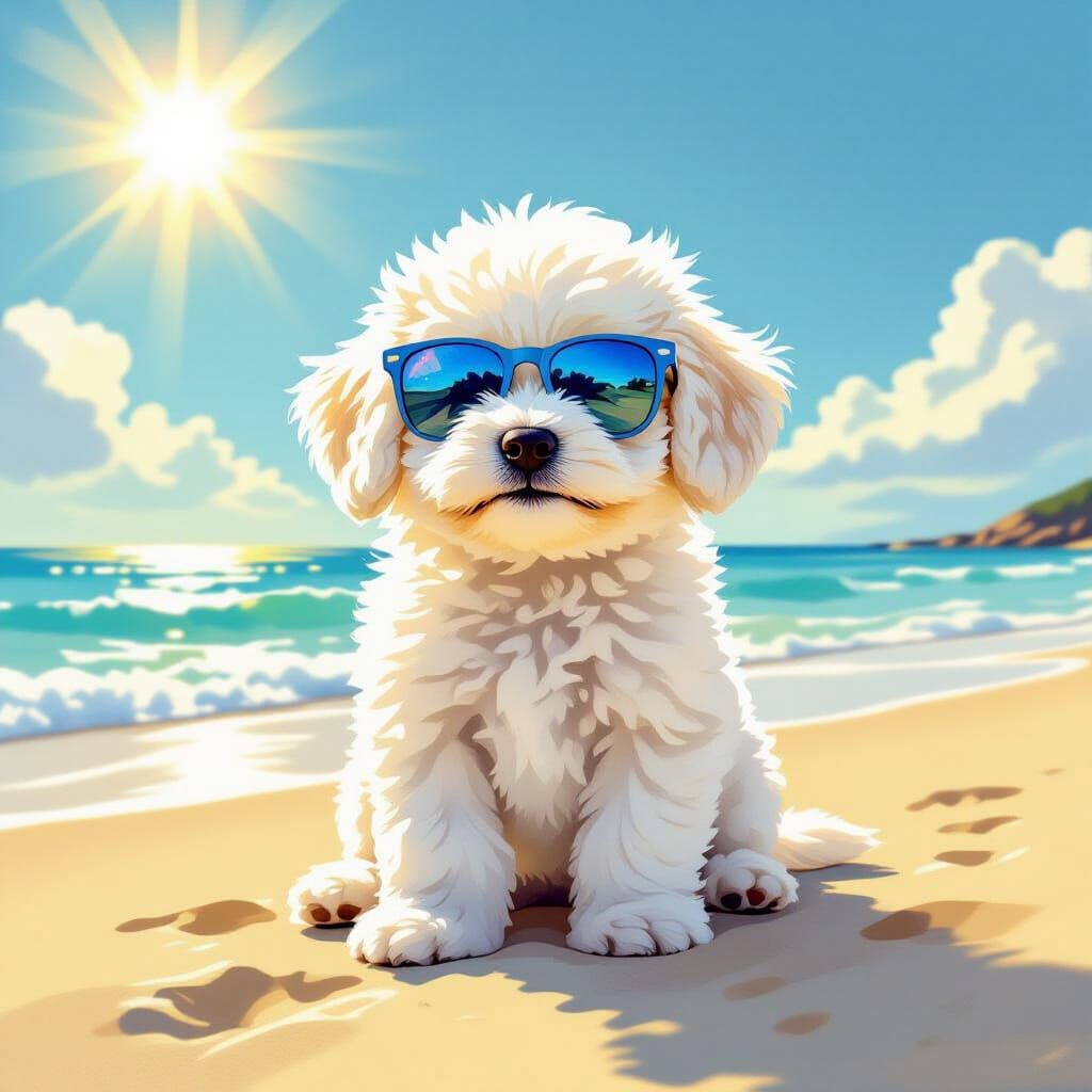 Fluffy White Puppy on Beach with Blue Sunglasses
