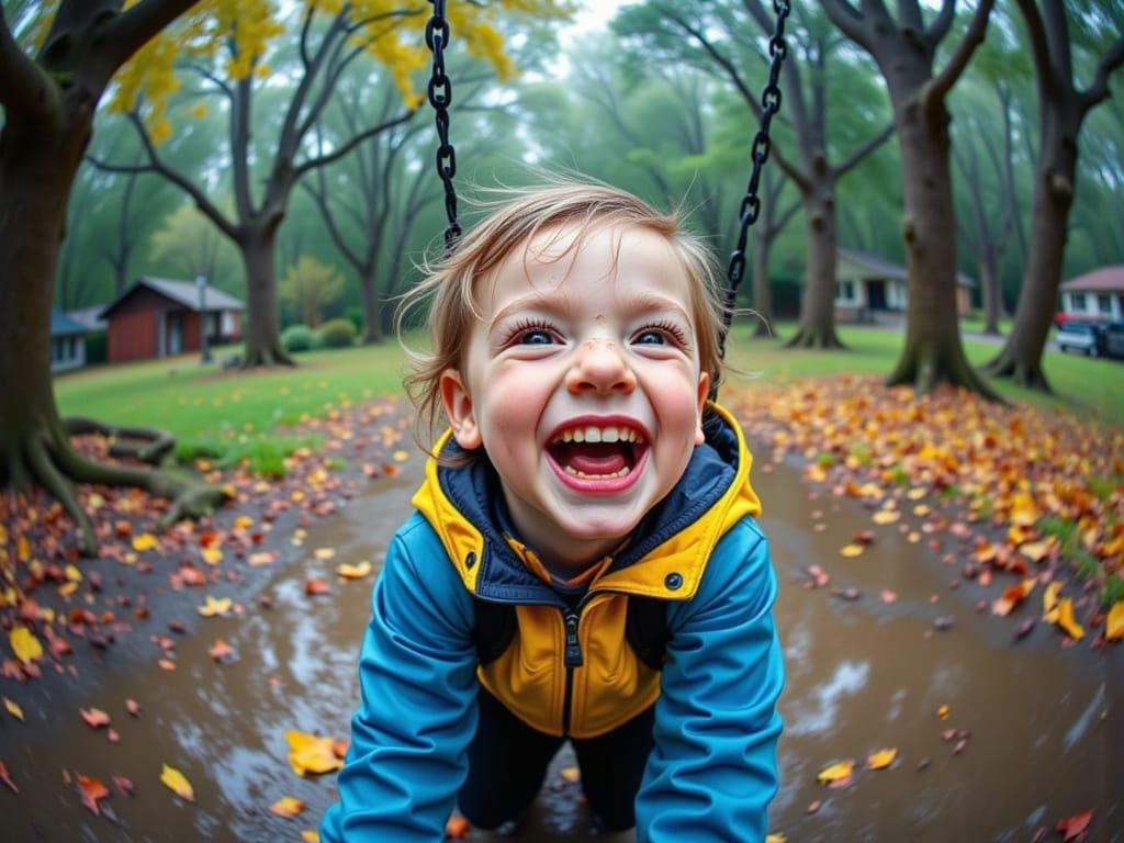 Close-up fisheye lens view of a child on a tire swing in the rain <lora:Fisheye:1.2>
