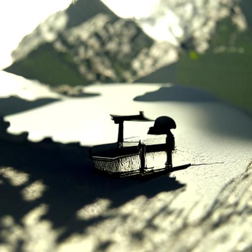A fisherman in an old wooden boat on a mountain lake