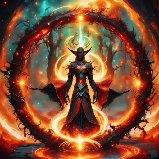 smiling brown-skinned mage elven elf, detailed, vibrant red and black, glowing eyes, sparkly, vibrant red, whorling magic portal background...