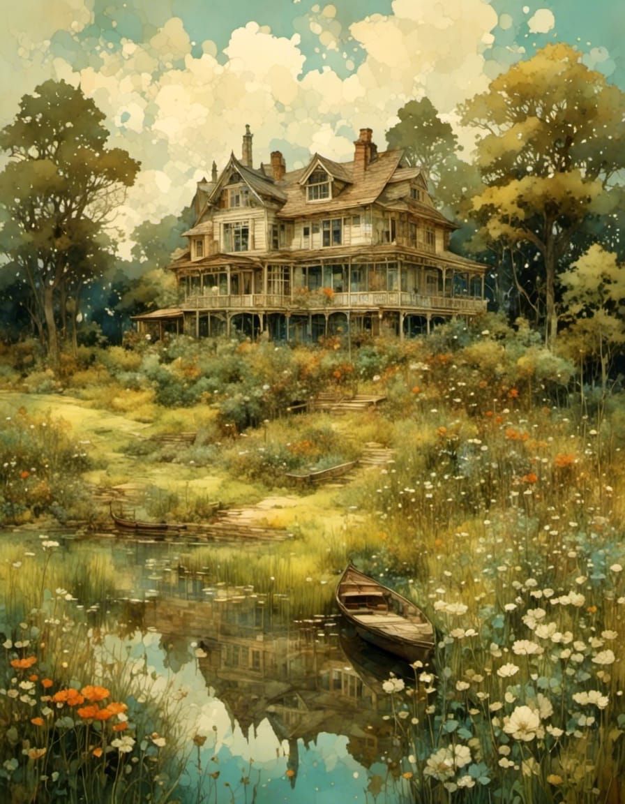 A Victorian home in a meadow with a pond  by @Char