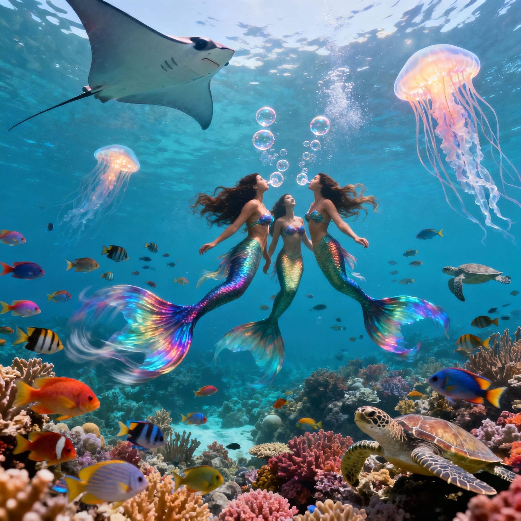 Mermaids at a coral reef, blowing air bubbles.