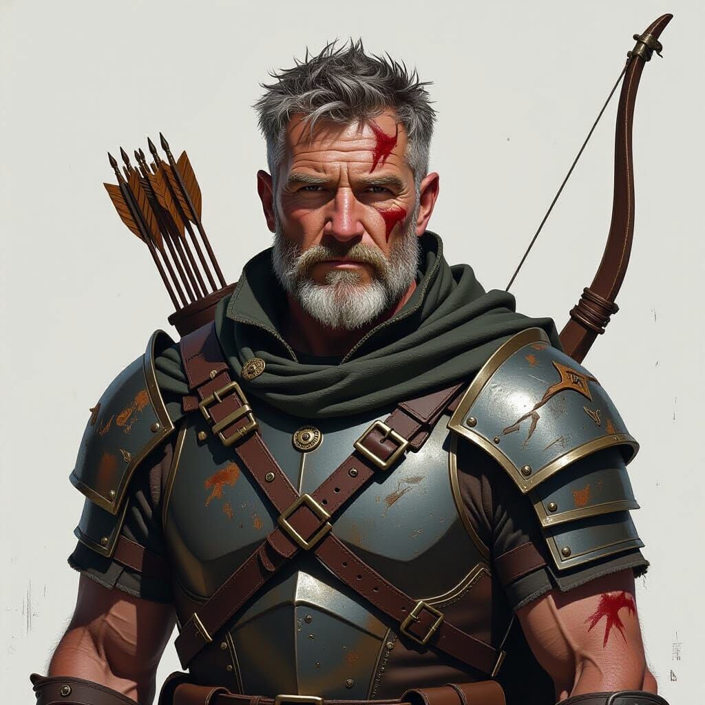 Create a hyper-realistic image of a veteran fantasy ranger from Faerûn. He is a human man around fifty years old with a weathered face, clea...
