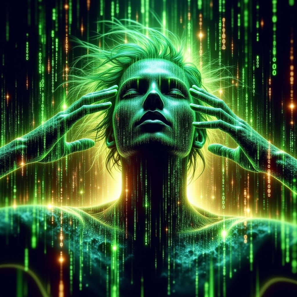 Glitchcore portrait (((Binary code dream))) background, (((double exposure: transparent bioluminesenty glowing limegreen 20 year androgyne p...