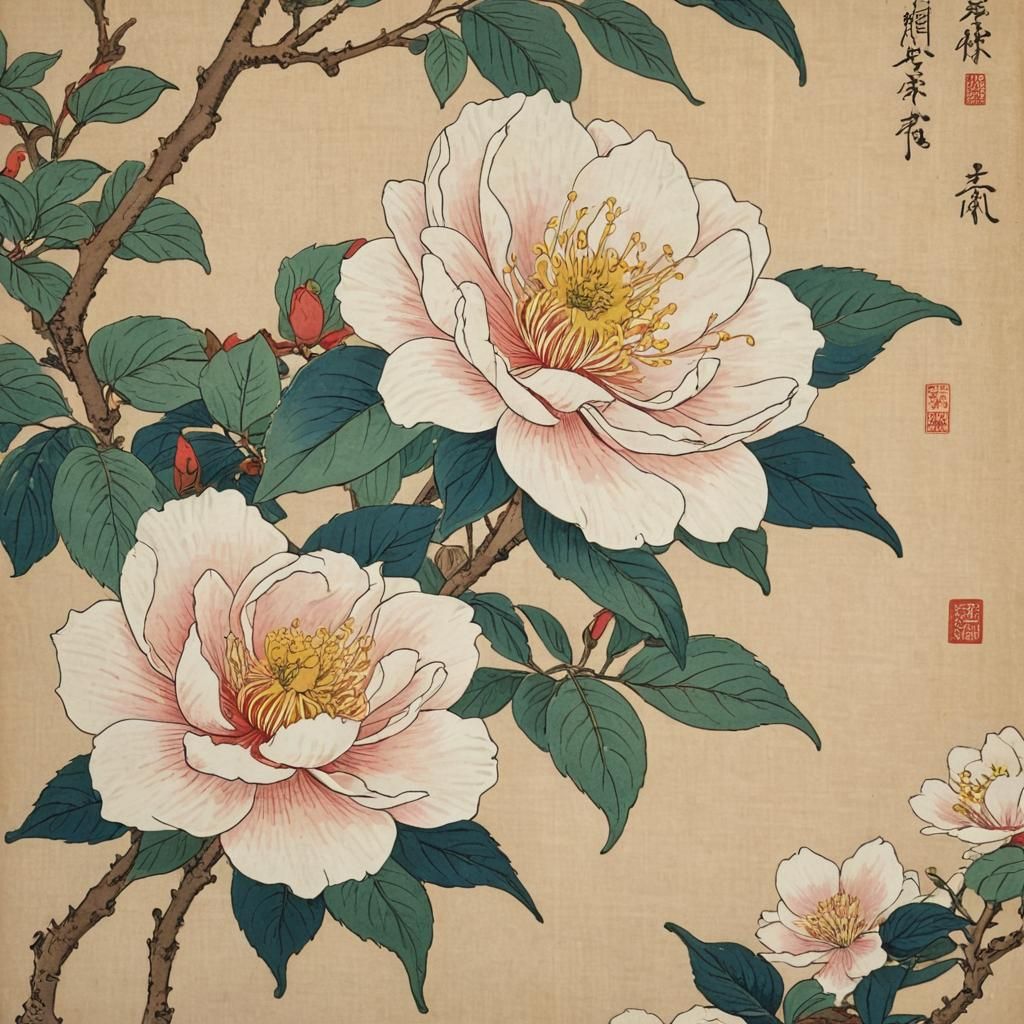 Camellia in style of Hokusai  by @Perky1245