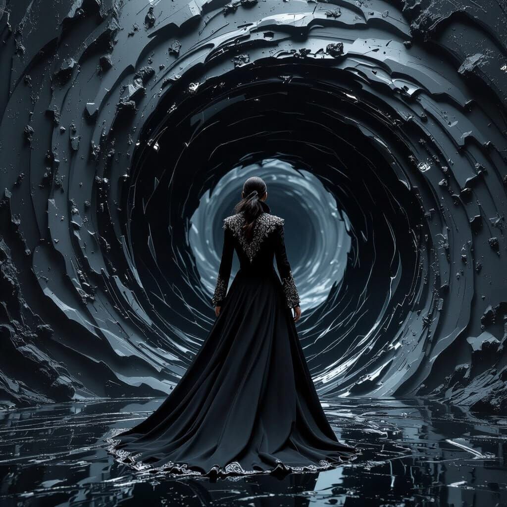 A woman in a pure black vortex in ultra-detailed 3D