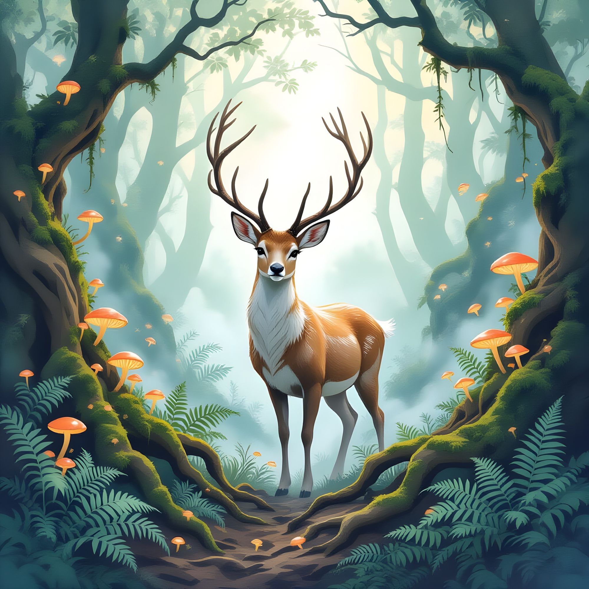 An ethereal forest spirit, resembling a gentle doe with mossy antlers, emerges from a swirling mist in an ancient, enchanted woodland. Lumin...
