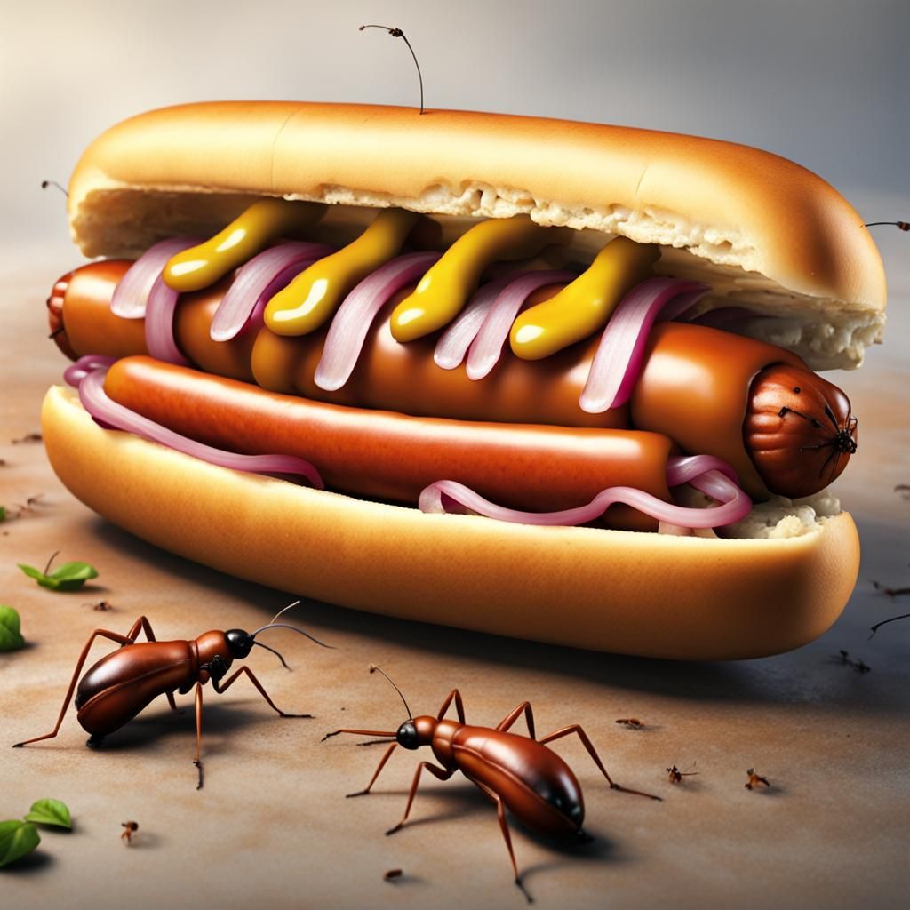 "hot dog steamed nicely with chill and onions,ants climbing on bun, eating hot dog"line of ants
