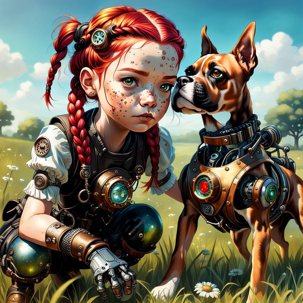 Little cute human girl with red braids and freckles playing ...