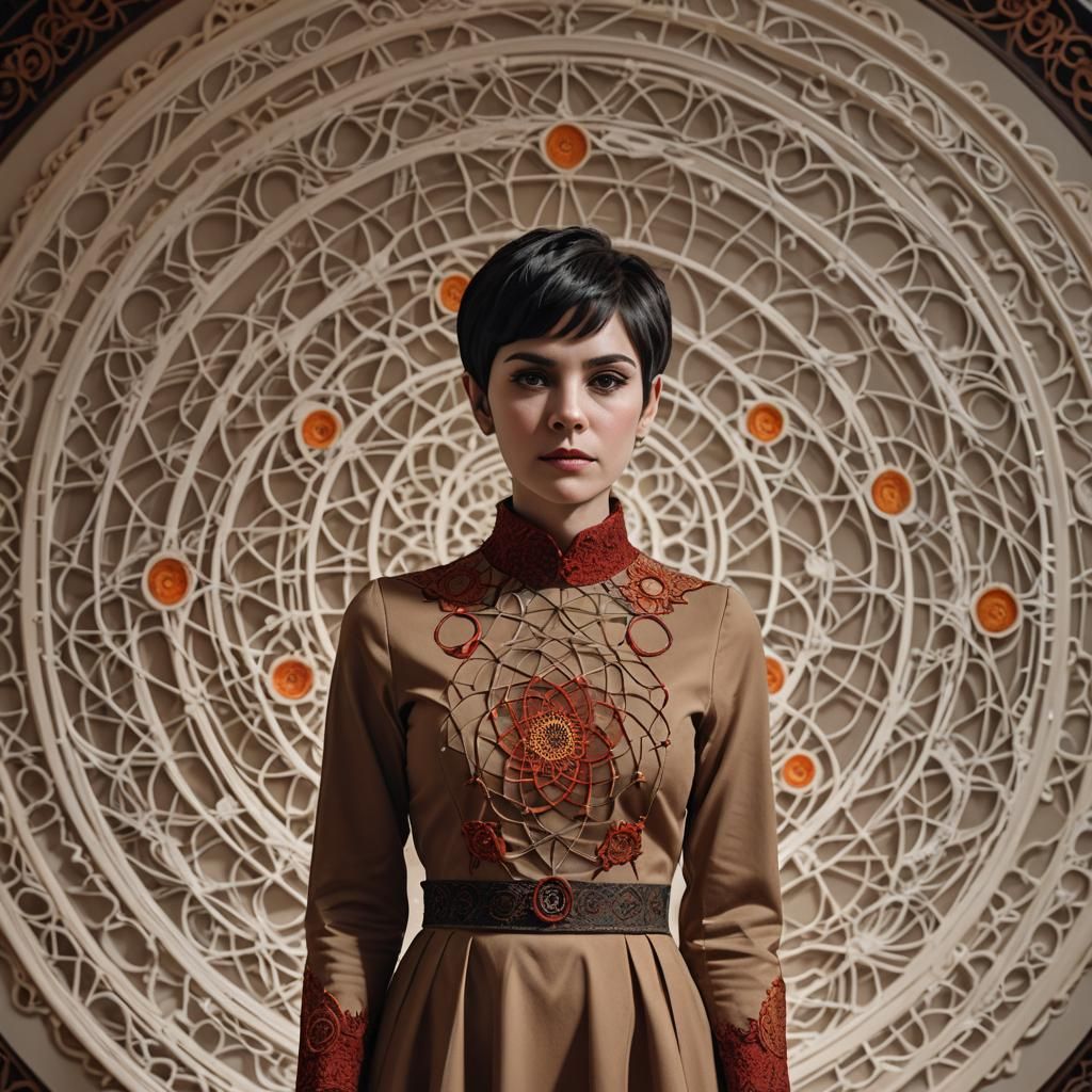 She wears a long sleeved high collar neckline brown dress wi...