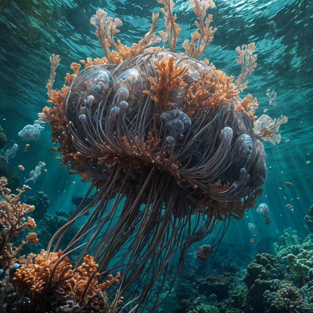 <lora:Boundless Journeys:1.0>underwater shot, jellyfish, colorful coral, anime, reflective, gorgeous eyes, hyper detailed eyes, 3d, deviant...