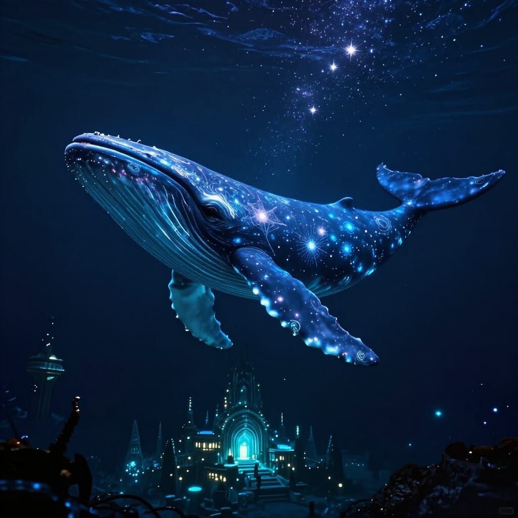 A majestic, bioluminescent whale swims through a sea of stars, its body adorned with intricate celestial ...  by @Boing Boing
