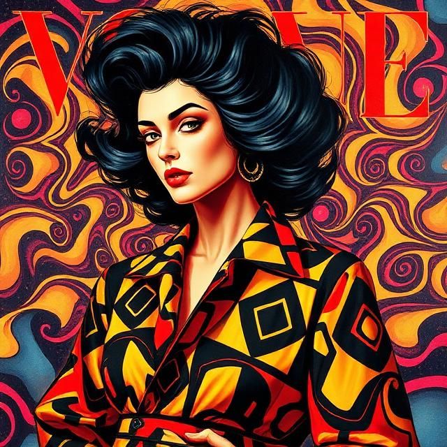 A dramatic 1970s-style fashion magazine cover featuring a st...