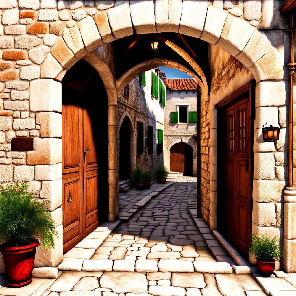 medieval residential street, peasant section,  doorway, cul-...