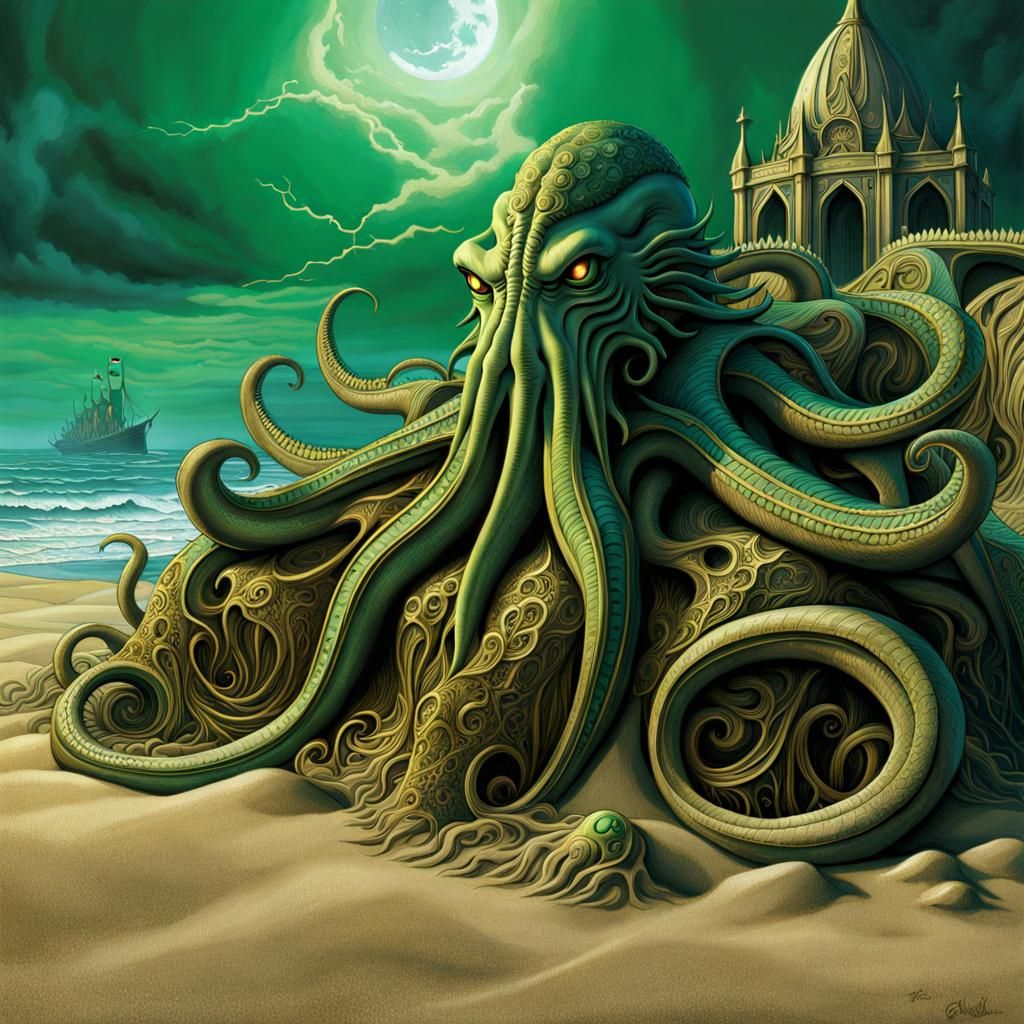 Great CTHULHU RELAXING ON THE BEACH BUILDING R'LYEH SAND CASTLES. art ...