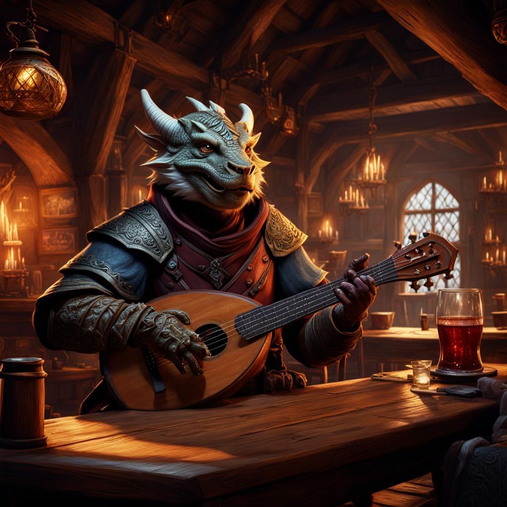Dragonborn bard playing a lute in a tavern