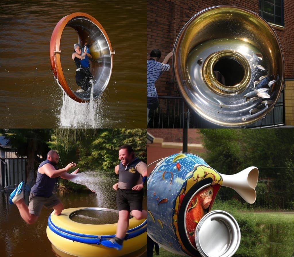 fish jumping from tuba full of water