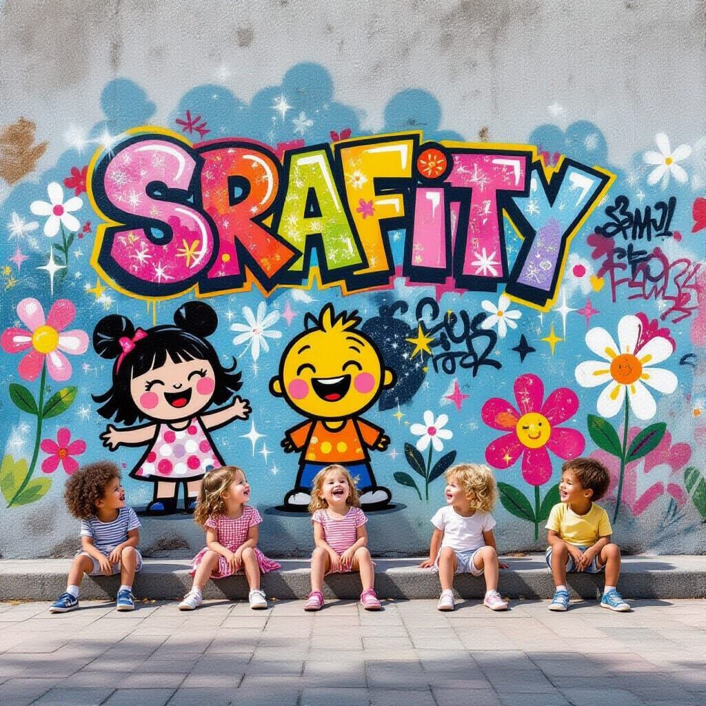 Children Play on Vibrant Graffiti Wall in Digital Art Style