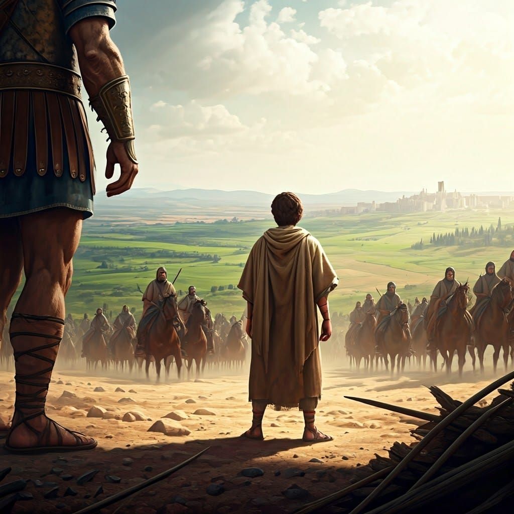 Heroic David Faces Goliath in Ancient Biblical Setting