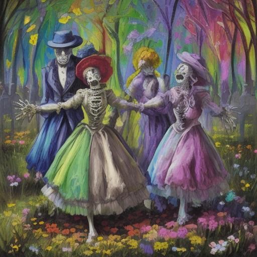 early 1500s  complete skeletons dancing through graveyard wi...