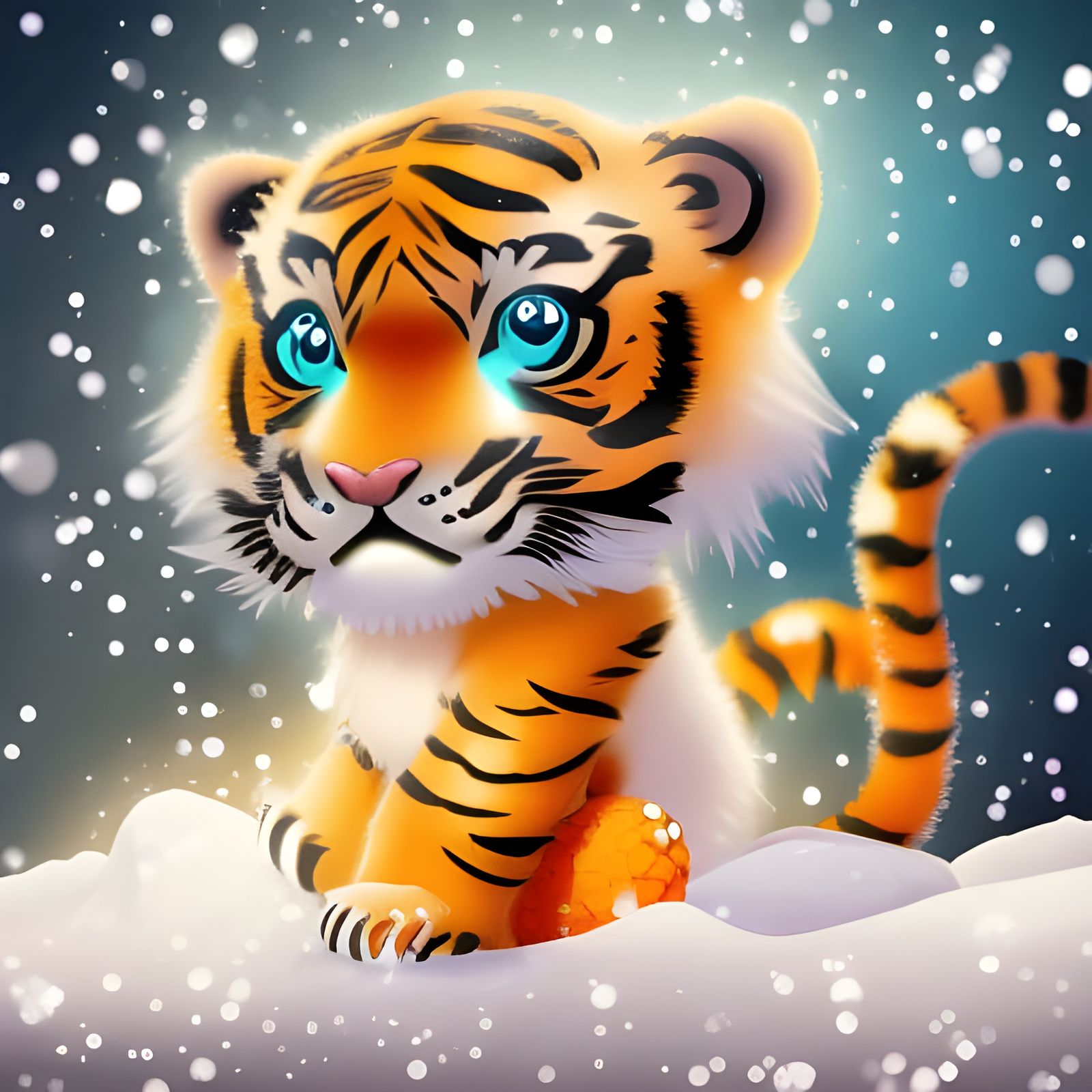 Cute Tiger cub playing in snow winter, Generative ai Stock