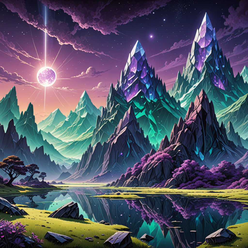 Vibrant Amethyst and Emerald Mountain Range at Dusk