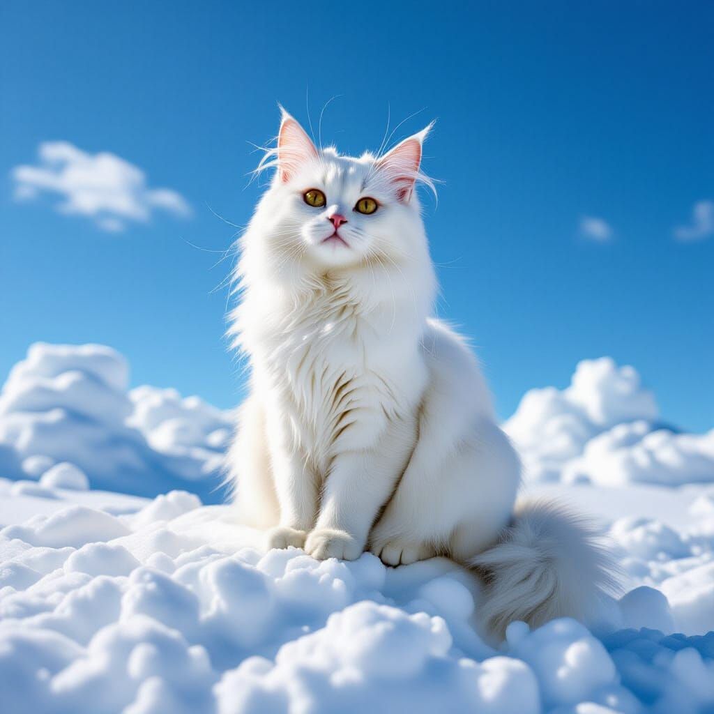 White Cat Sits on Cloud Amidst Scattered Candies