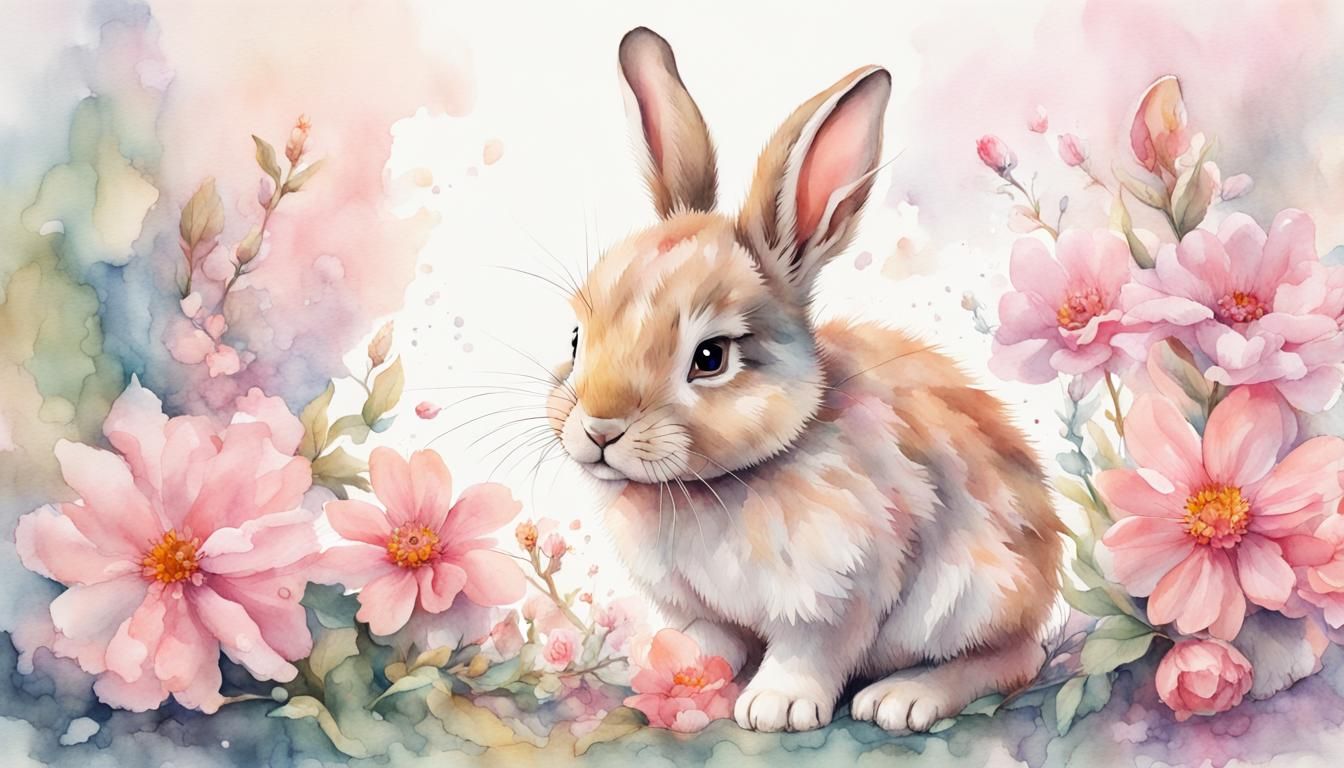 beautiful light watercolor cute baby rabbit surrounded by li...