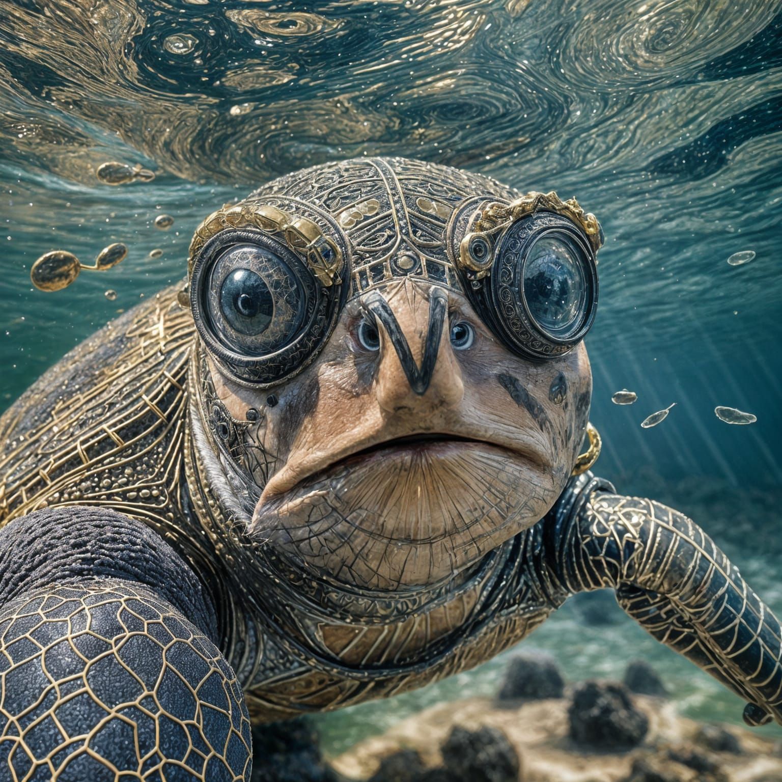 Sea Turtle with Glasses Underwater: Hyperrealistic Image