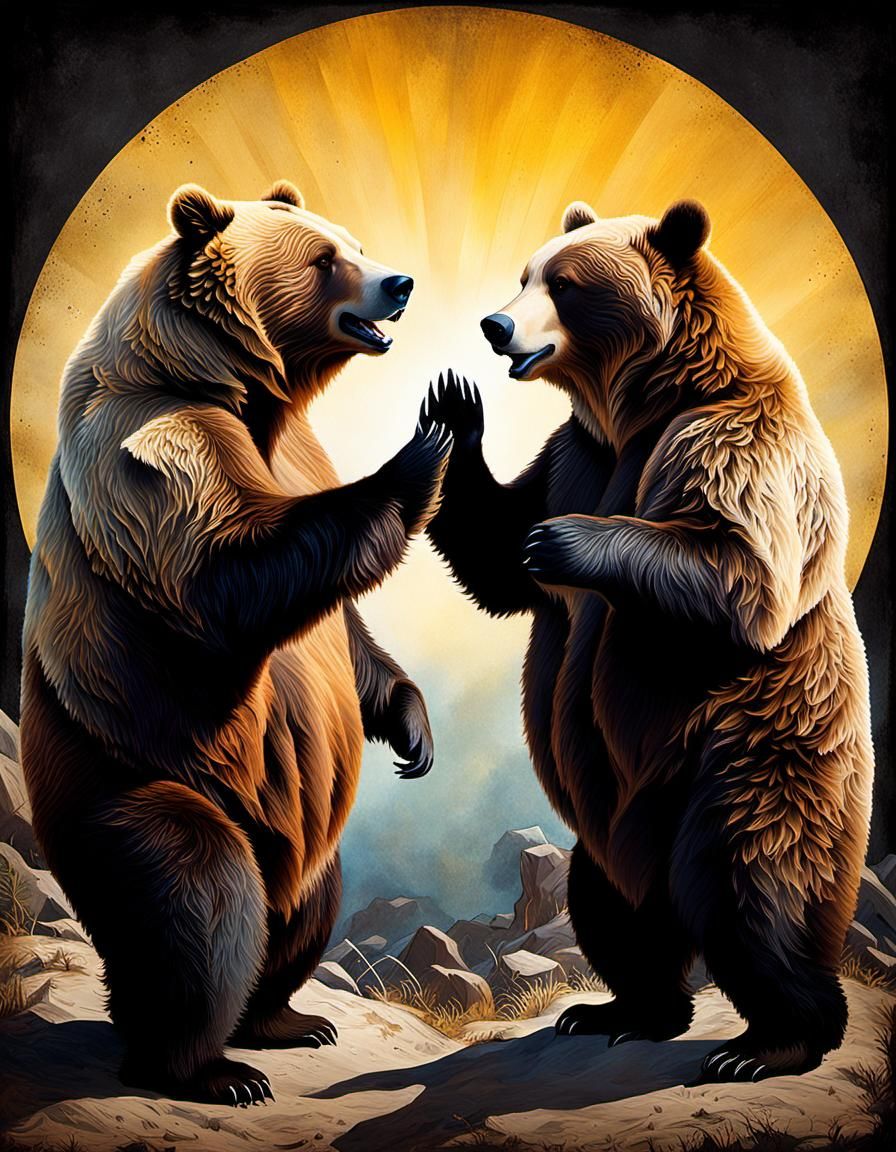 Grizzly Bears high-five in beaming sunlight  by @FTGBear