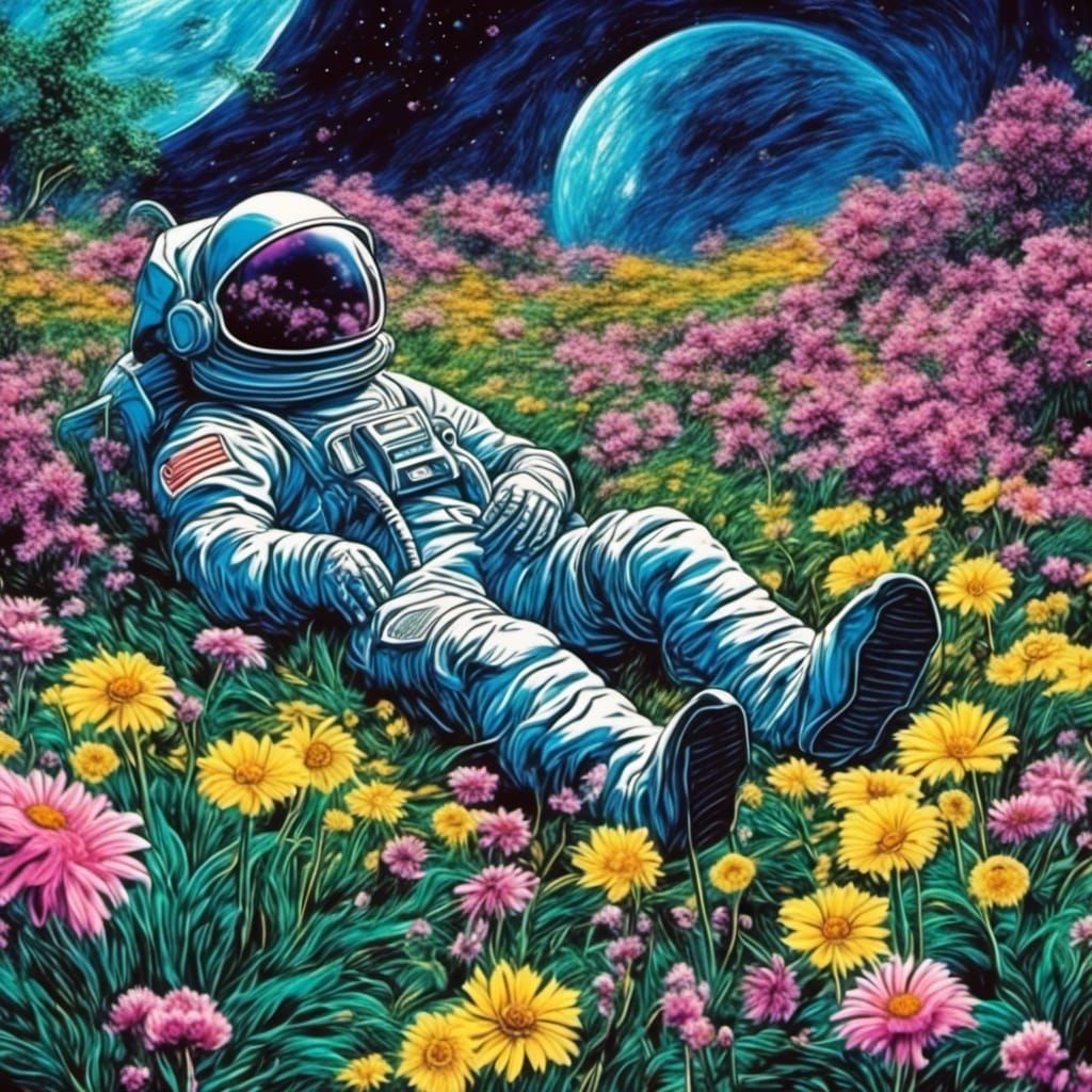 <lora:Vaporware Sci-Fi VHS:1.0>
Glitched 1990's VHS scene: An astronaut lying in a garden of flowers. The universe is reflected in the visor...