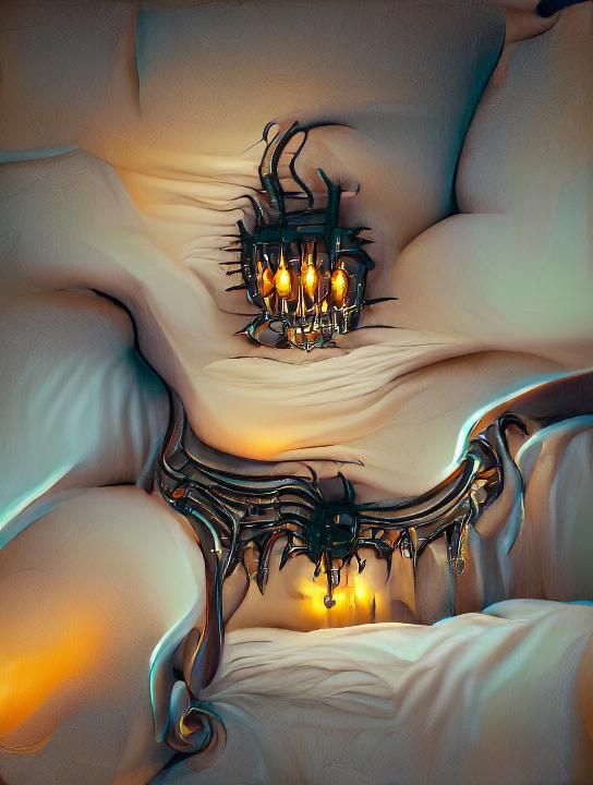 Ribcage bed, chandelier eye sinister by Greg Rutkowski oil p...
