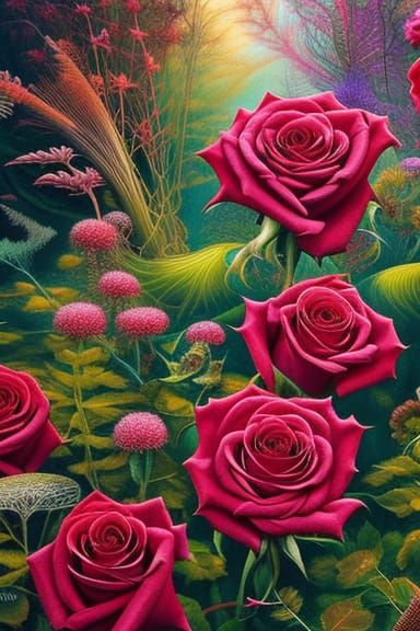 beautiful surreal Roses from mycelium network in warped perspective with forest exposure, Chie Yoshii, ...  by @blenta