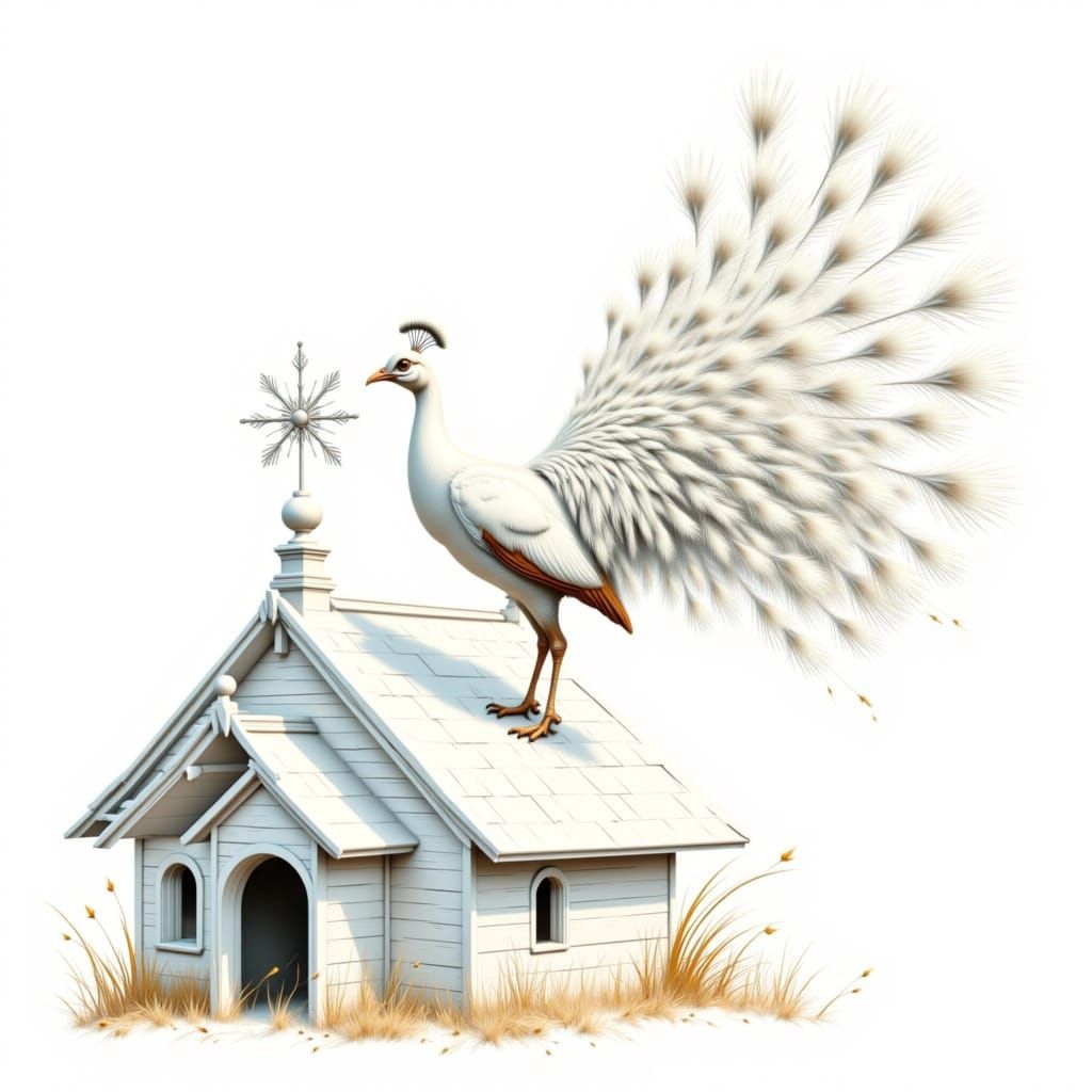 <lora:white world:1.0> raster grid white peacock with fluffed tail on white peacock house with white weather vane. drawn with oblique lines ...
