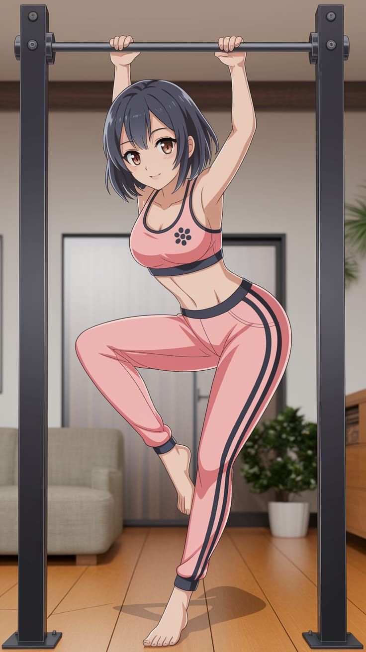Anime Woman in Sakura Sportswear Does Gymnastics