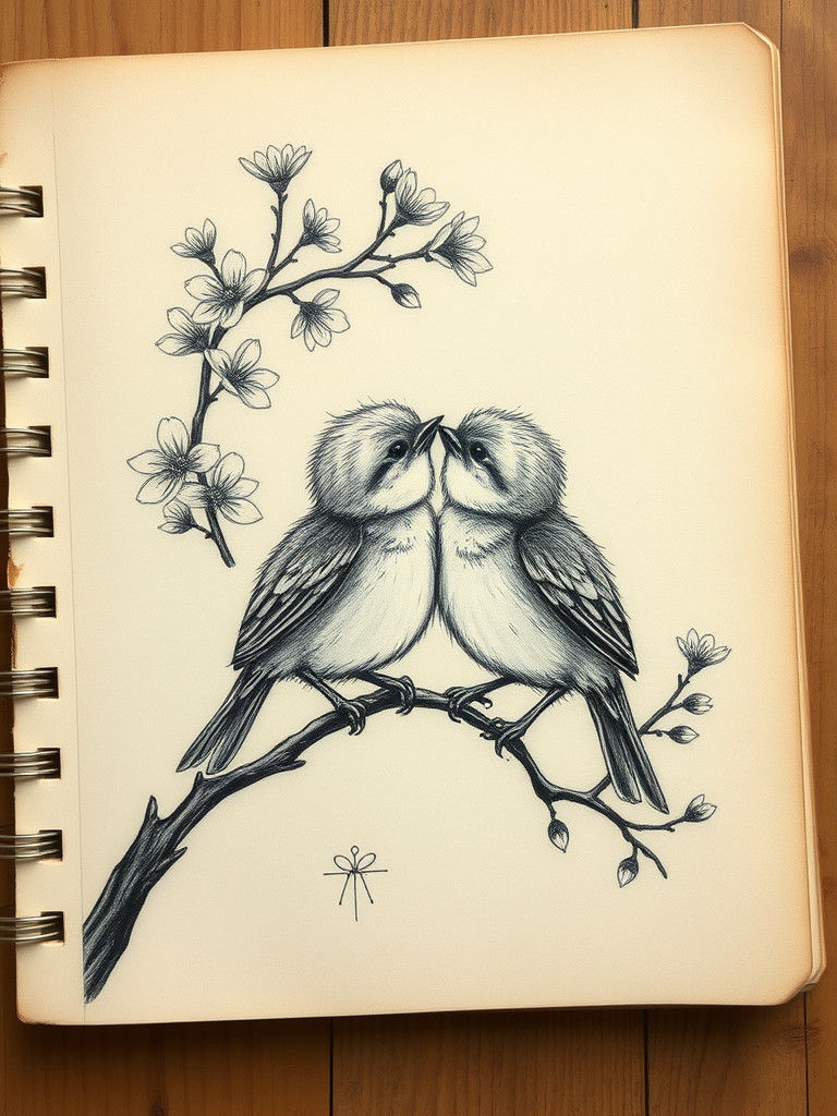On a notebook page a beautiful drawing of cute two baby birds kissing each other standing in a cherry ...  by @Ima