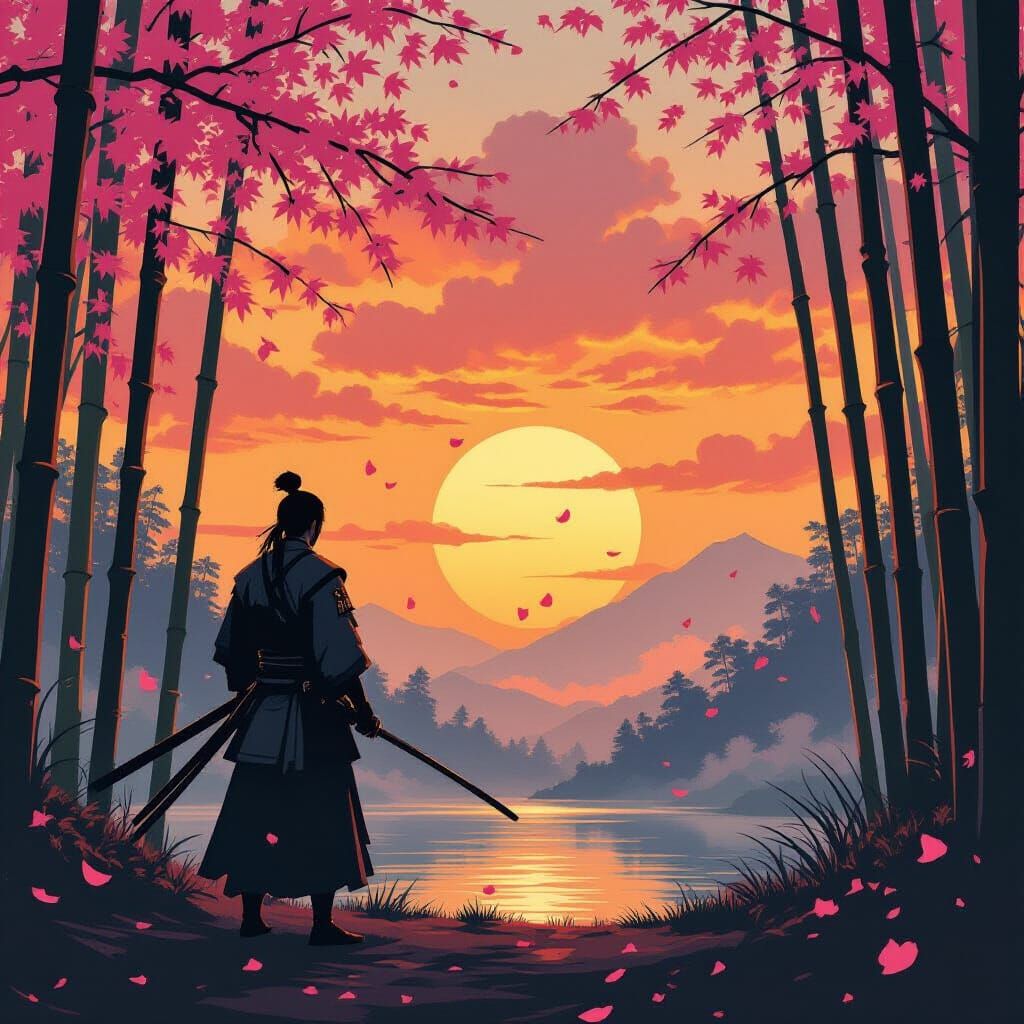 Samurai at Sunset in Bamboo Forest