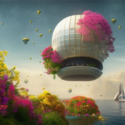 A futuristic floating house with a golden dome, surrounded by flowers.  by @undefined