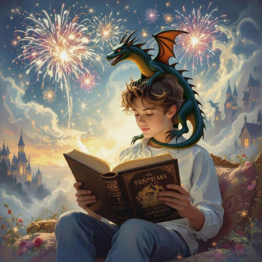 Fantasy: A young teenager is reading a large hardback book with gold edging on the pages. In the middle of the pages, she sees a young coupl...