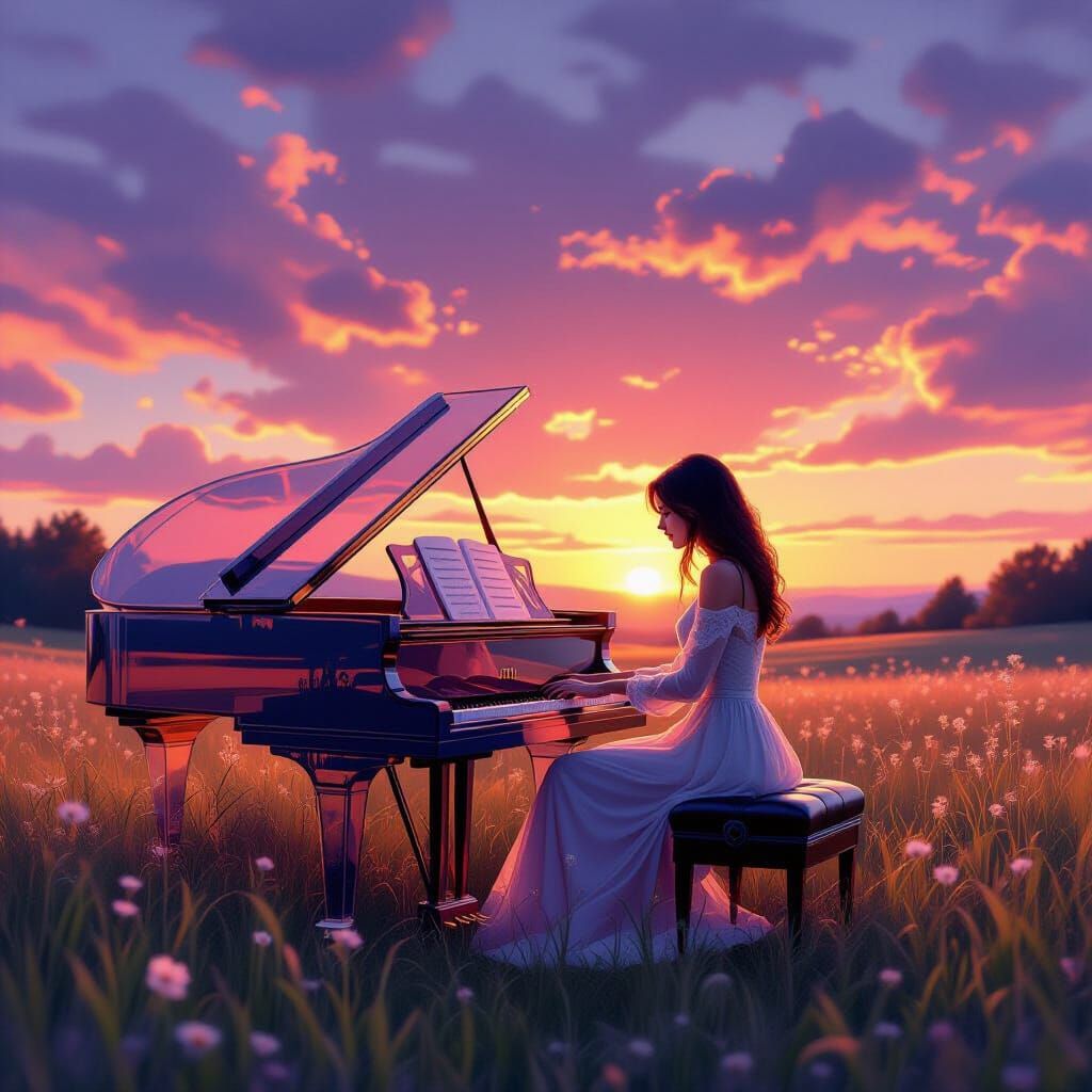 Woman Plays Piano in Meadow at Sunset, Dreamy Art