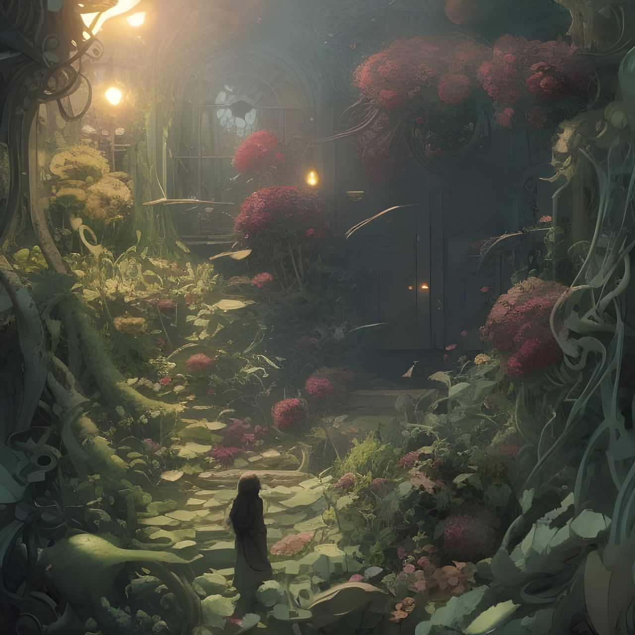 Secret flower garden Hyper-detailed masterpiece by Greg rutk...