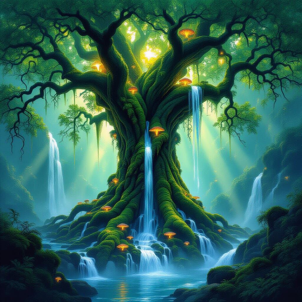 Magical Ancient Tree With Waterfalls in Ethereal Light