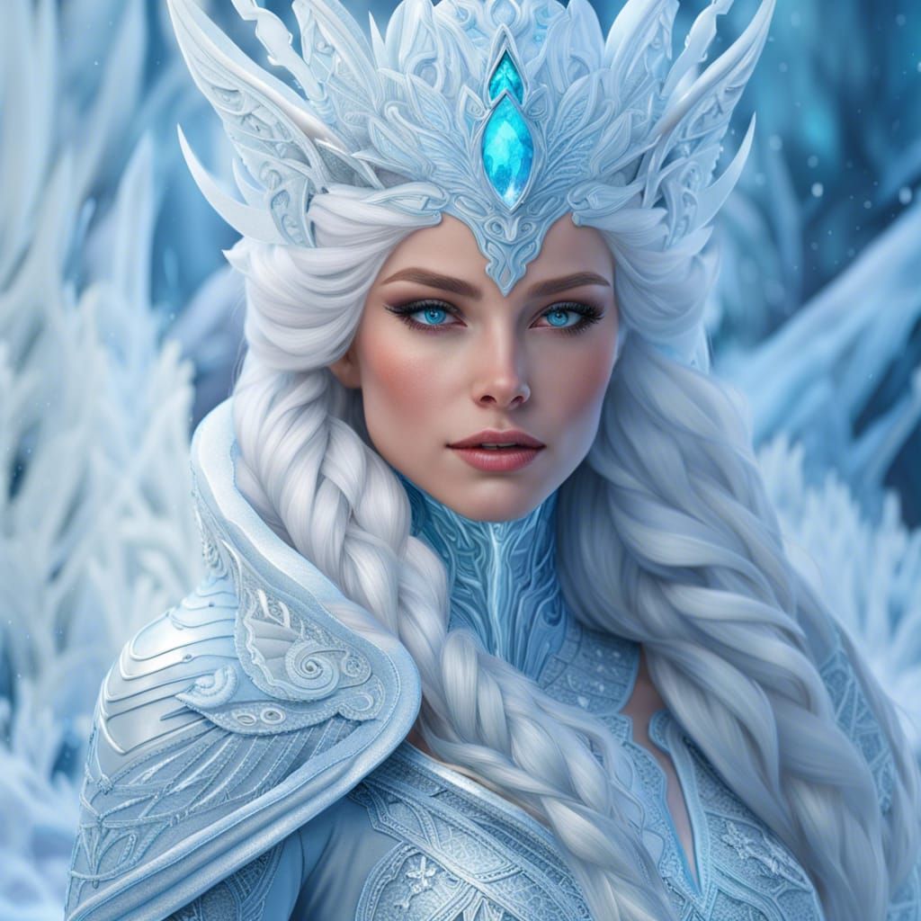 snowy portrait of a mythical ice queen. magnificent colors of snow and ...