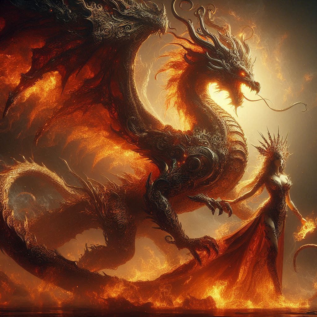 The fire dragon with his beautiful queen of fire