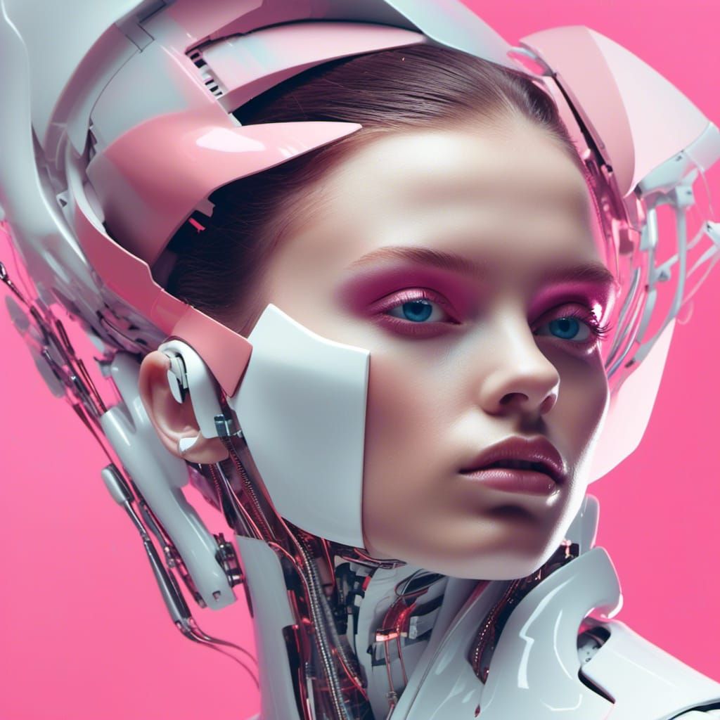 glitches hacking effects emil hajjaj creates surreal digital art with a single cyborg shoulder, in the style of dark white and pink, androgy...