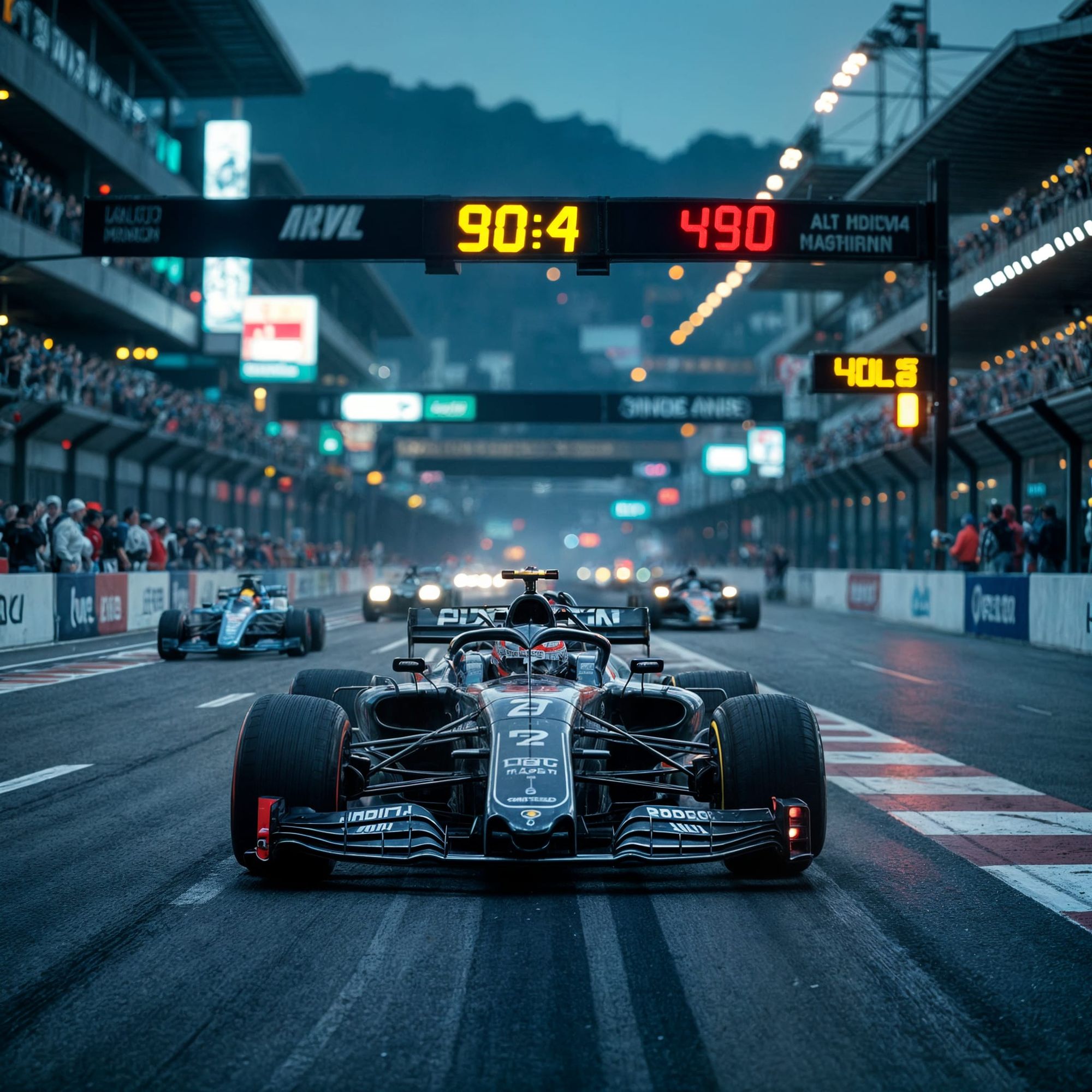 A Formula car at the starting grid waiting for lights to go out  in the Las Vagus track. The scene is rendered as a cinematic film still, sh...