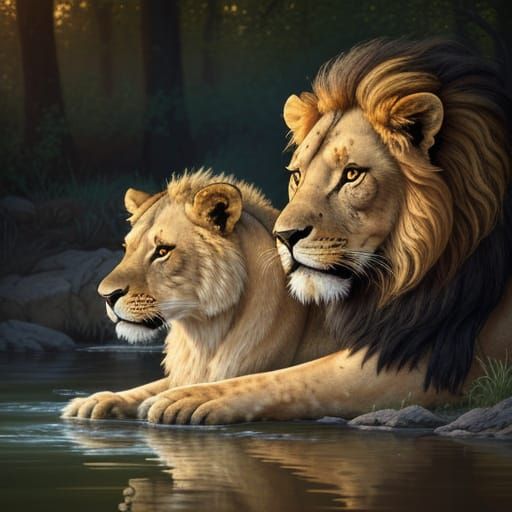 Lion and Lioness Embrace by a Stream