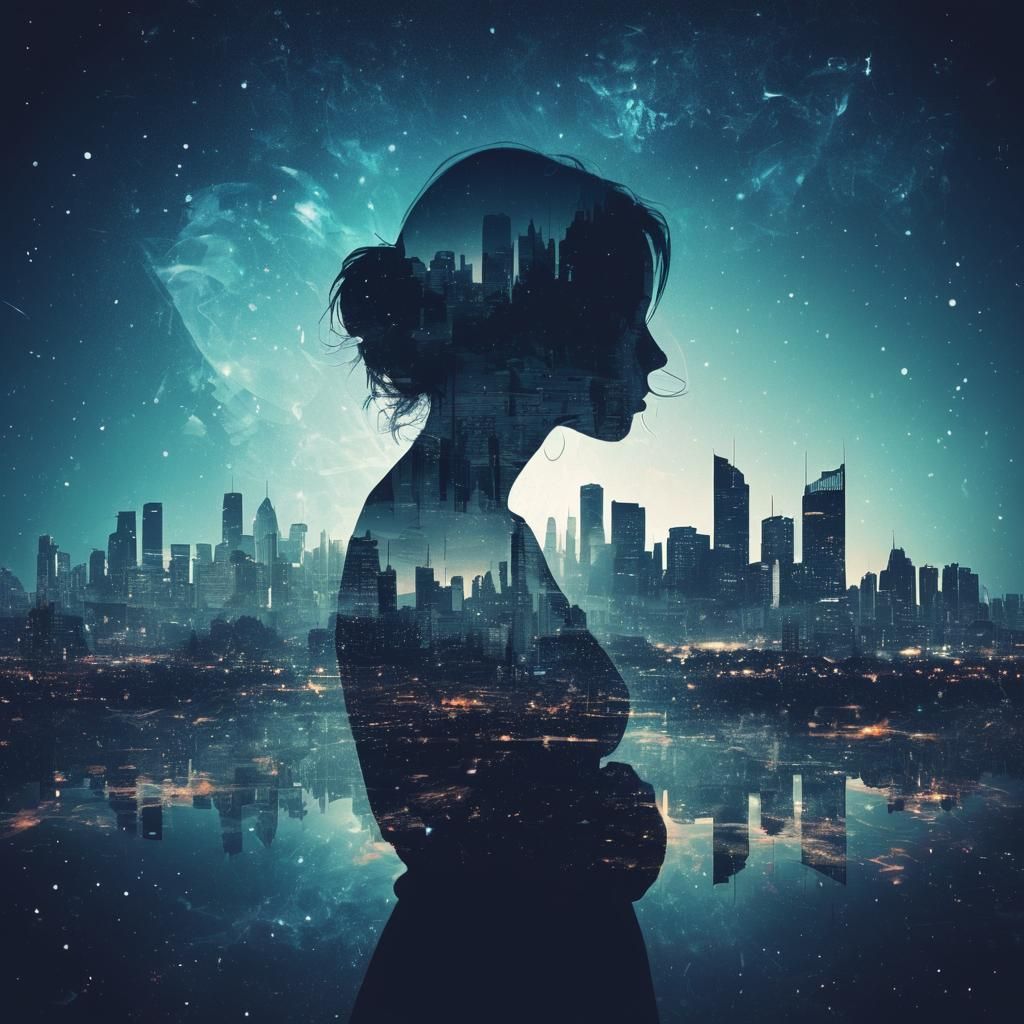 Lonely Woman Cityscape Double Exposure in Vector Art